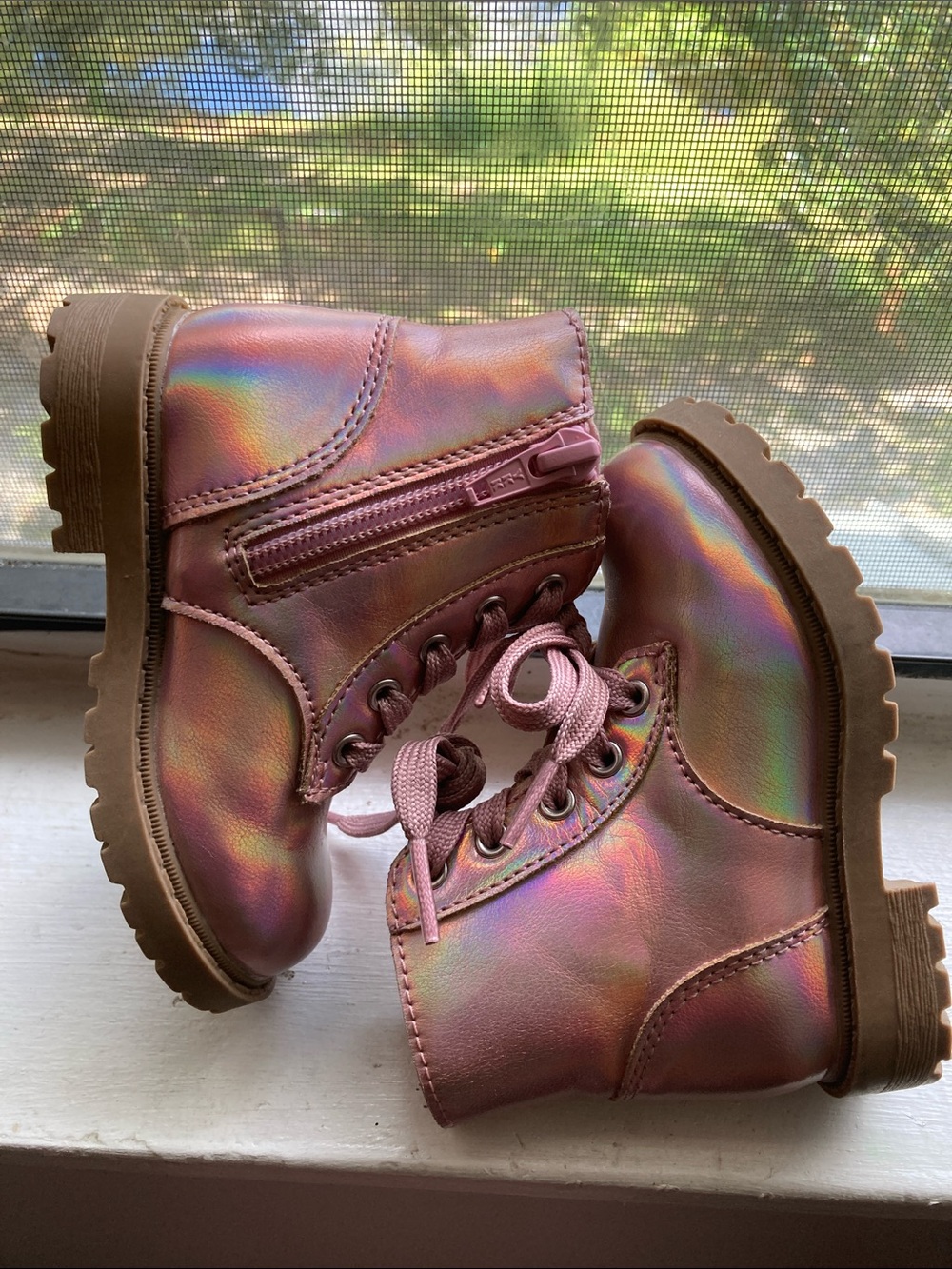 Old Navy Pink Iridescent Lace-Up Kids' Boots